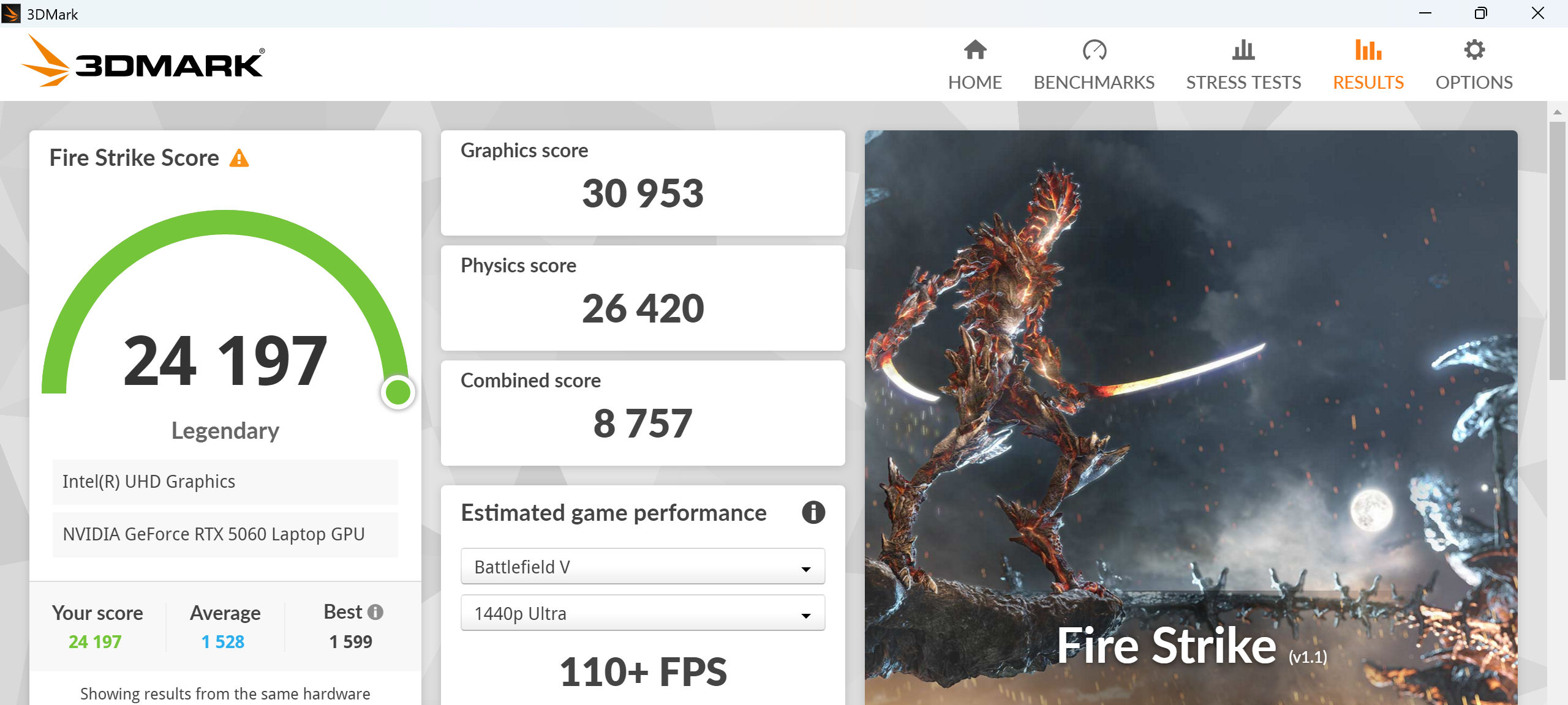 HyperX OMEN 15 Intel Fire strike計測結果24197。バランスモード