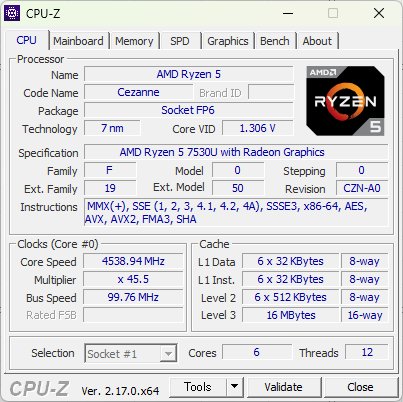 NiPoGi E3B Ryzen 5 7530U CPU-Z