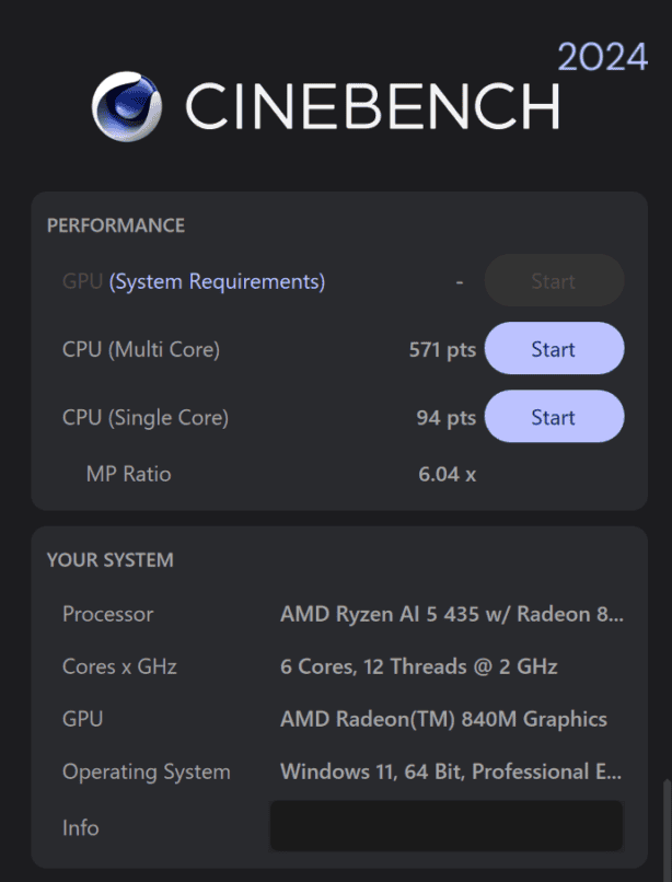HP EliteBook X G2a 14 AI PC Ryzen AI 5 435 Cinebench 2024計測結果