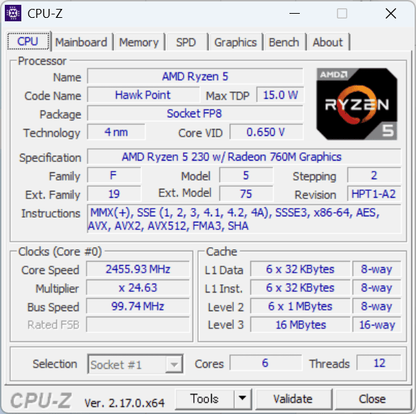HP OmniBook 3 14-hy/hw Ryzen 5 230 CPU-Z