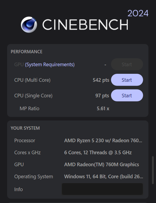 HP OmniBook 3 14-hy/hw Ryzen 5 230 Cinebench 2024計測結果マルチコア542、シングルコア97
