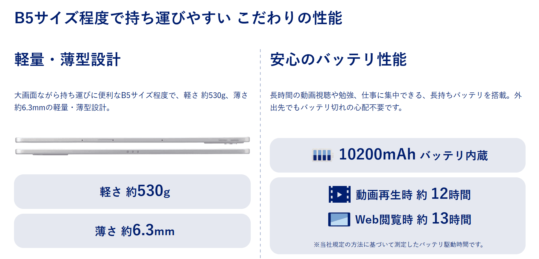 Lavie Tab T12　530g、バッテリー駆動時間約13時間