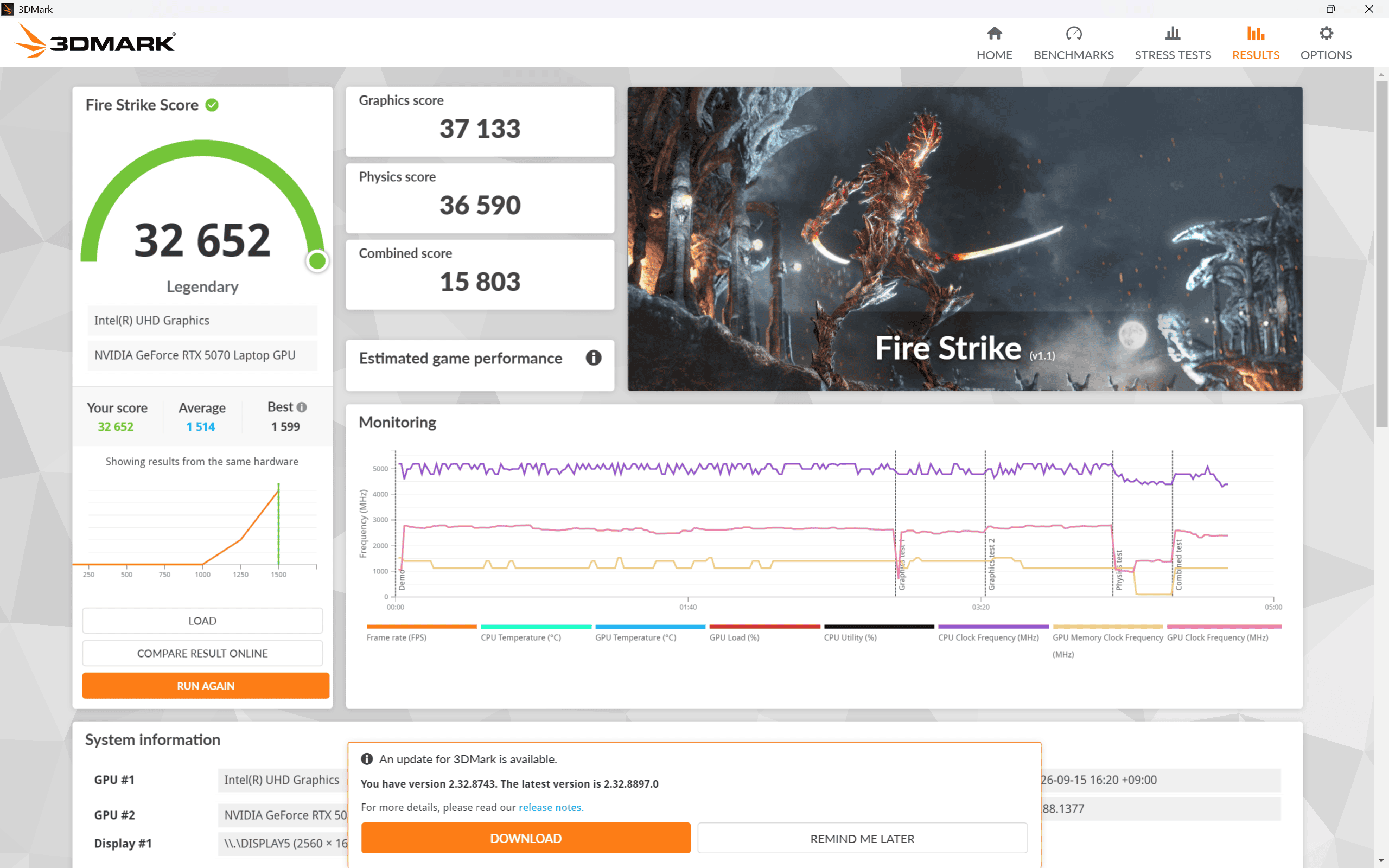 HyperX OMEN 16 Intel Fire Strike計測結果32652 非制限