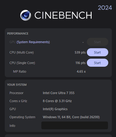 HP OmniBook 3 17-df Core Ultra 7 355 Cinebench 2024計測結果マルチコア539で普通、シングルコアは116と高い性能