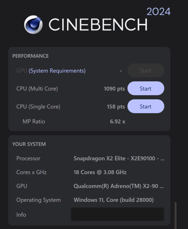 HP OmniBook Ultra 14-kg Cinebench 2024計測結果マルチコア1090でミドルハイクラス、シングルコア158と超ハイエンド性能