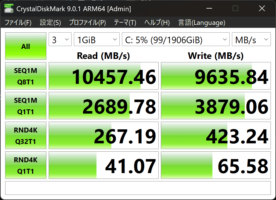 HP OmniBook Ultra 14-kg シーケンシャル速度リード（読み込み）が10457MB/秒、ライト（書き込み）が9635MB/秒とめちゃくちゃ速い