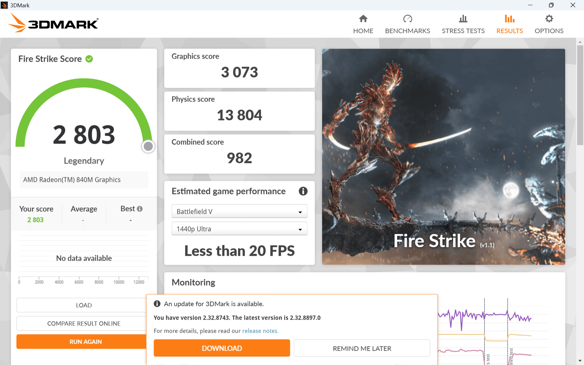 HP ProBook 4 G2a 14 AI PC Ryzen AI 5 430 Fire strike計測結果2803ととても低い