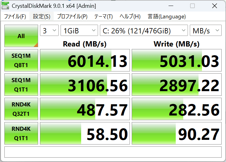 HP ProBook 4 G2a 14 AI PC Ryzen AI 5 430 シーケンシャル速度計測結果リード（読み込み）が6014MB/秒、ライト（書き込み）が5031MB/秒