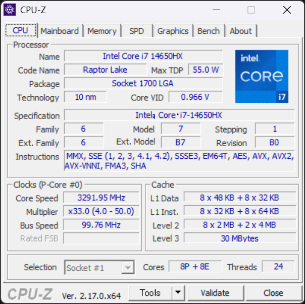 HyperX OMEN 16 Intel　CPU-Z