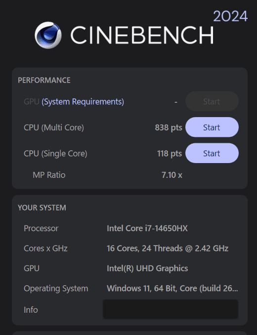 HyperX OMEN 16 Intel Cinebench 2024計測結果マルチコア838、シングルコア118