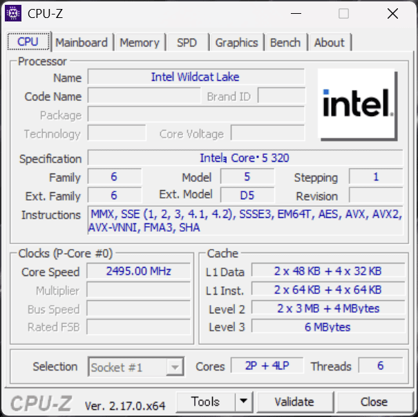 XPS 13 2026 Core 5 320 CPU-Z