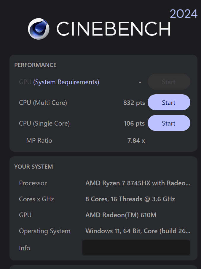 HyperX OMEN 15（AMD） AMD Ryzen 7 8745HX Cinebench 2024計測結果マルチコア832と高く、シングルコアは106