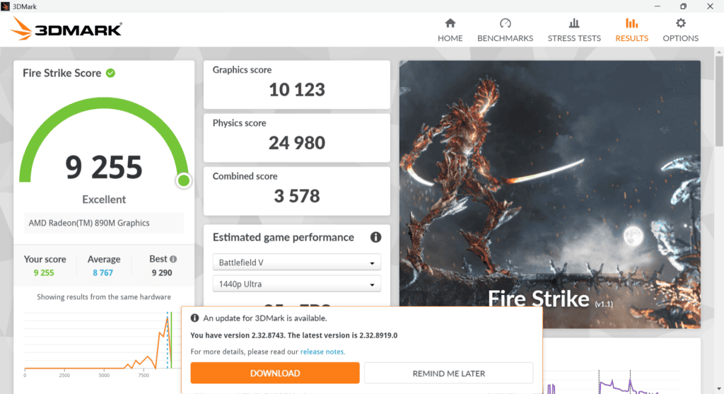 ROG XBOX Ally X20 (2026) Fire Strike計測結果。ターボモードで9255