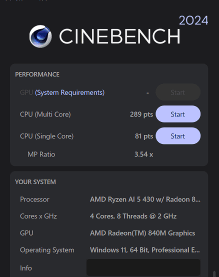 HP ProBook 4 G2a 16 AI PC Ryzen AI 5 430 Cinebench 2024計測結果