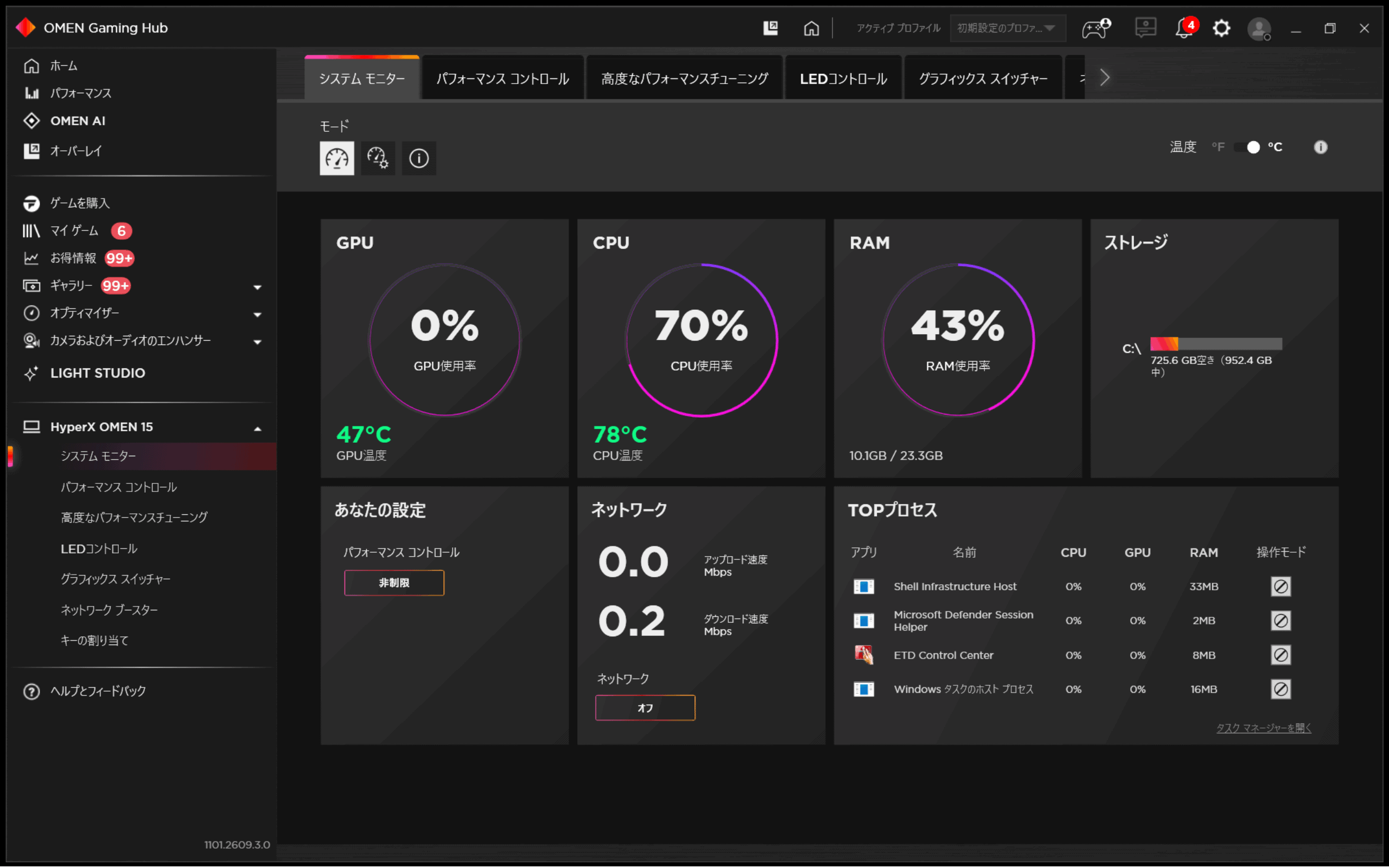 OMEN Gaming Hubで簡単にパフォーマンス設定ができる