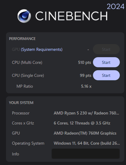 OmniBook 3 16-by/bw Ryzen 5 230 Cinebench 2024計測結果