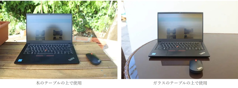ThinkPad Bluetooth サイレントマウス 木とガラスのテーブルで使用