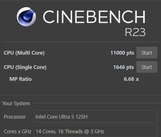 Ideapad slim 5i gen 9 Cinebench R23 計測結果