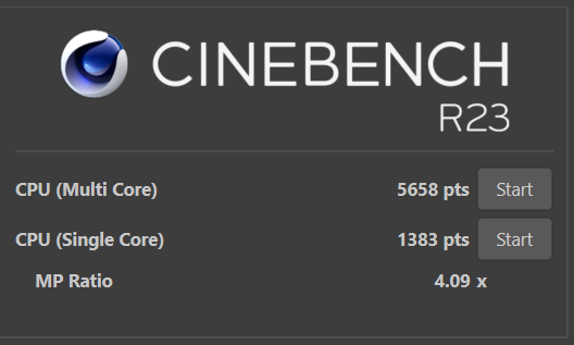 Ryzen 3 7335U メモリ24BのCinebench R23計測結果　バランスモード