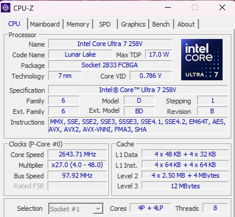 Lenovo Yoga Slim 7i Aura Edition Gen 9 CPU-Z