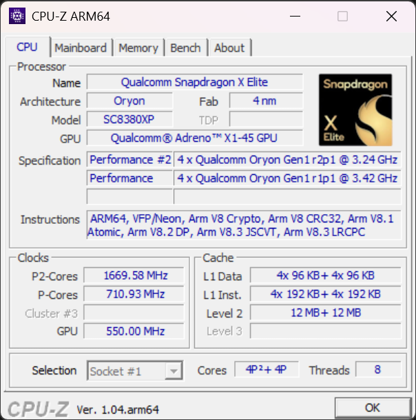 Snapdragon X Plus X1P-42-100 CPU-Z