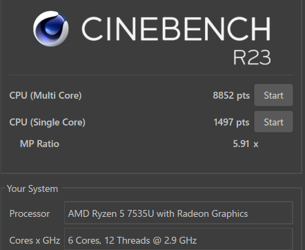 Ryzen 5 7535U Cinebench R23計測結果