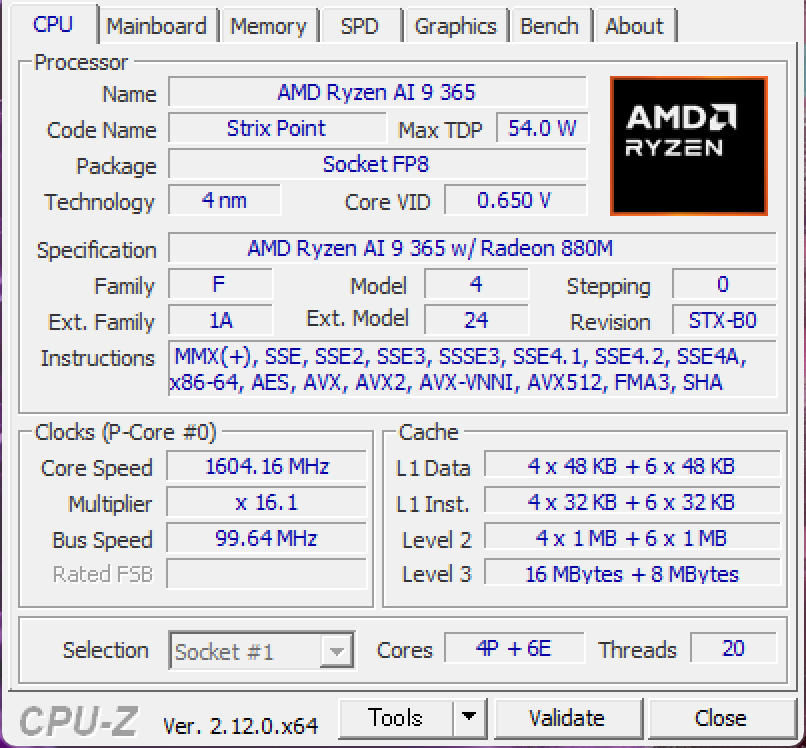 Lenovo Yoga Pro 7 Gen 9 14.5型(AMD) CPU-Z