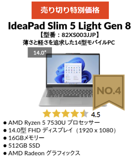 2025年1月第4週のLenovo人気機種 4位IdeaPad Slim 5 Light Gen 8