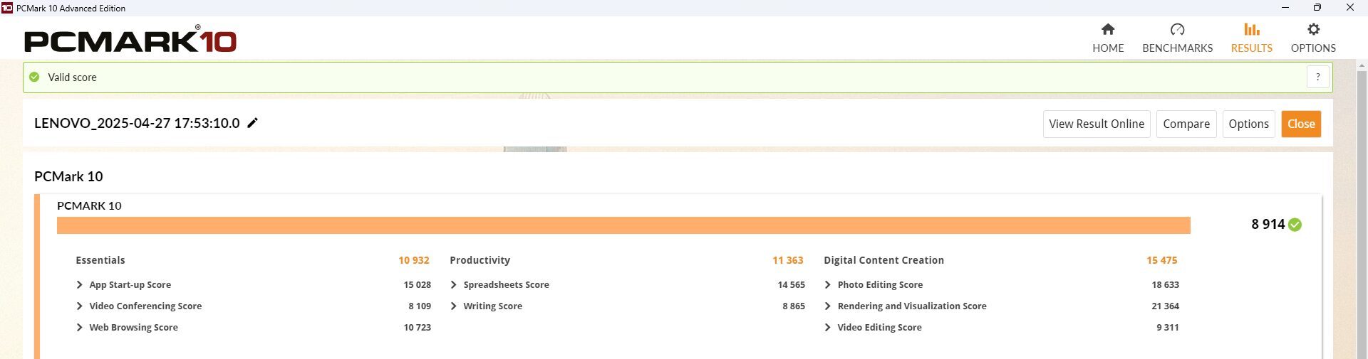 Lenovo Legion Tower 5 30IAS10 (Intel)　PCMark10計測結果