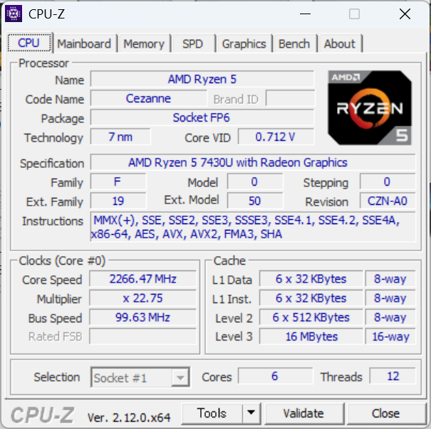 Lenovo V14 Gen 4 AMD 2025年モデル CPU-Z