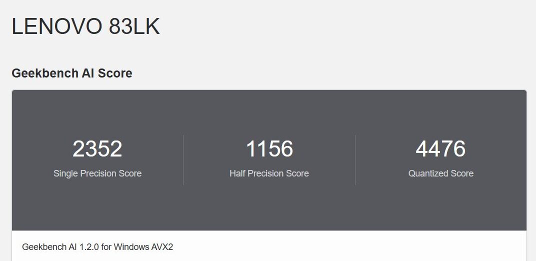 Lenovo LOQ Essential Gen 9 (15.6型 Intel) Geekbench AI計測結果