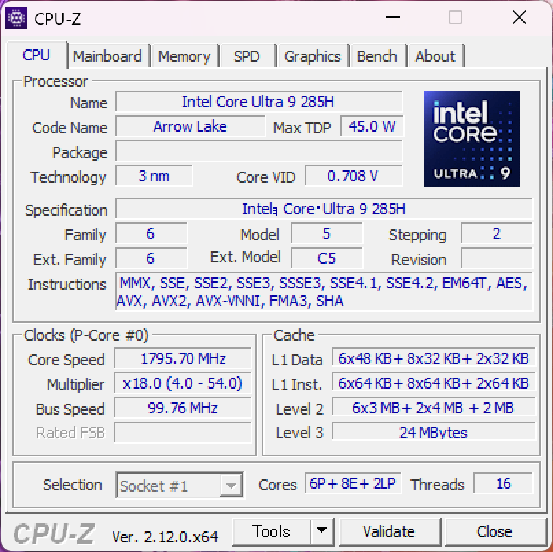 Lenovo Yoga Pro 7i Gen 10 Aura Edition(14型 Intel)　CPU-Z
