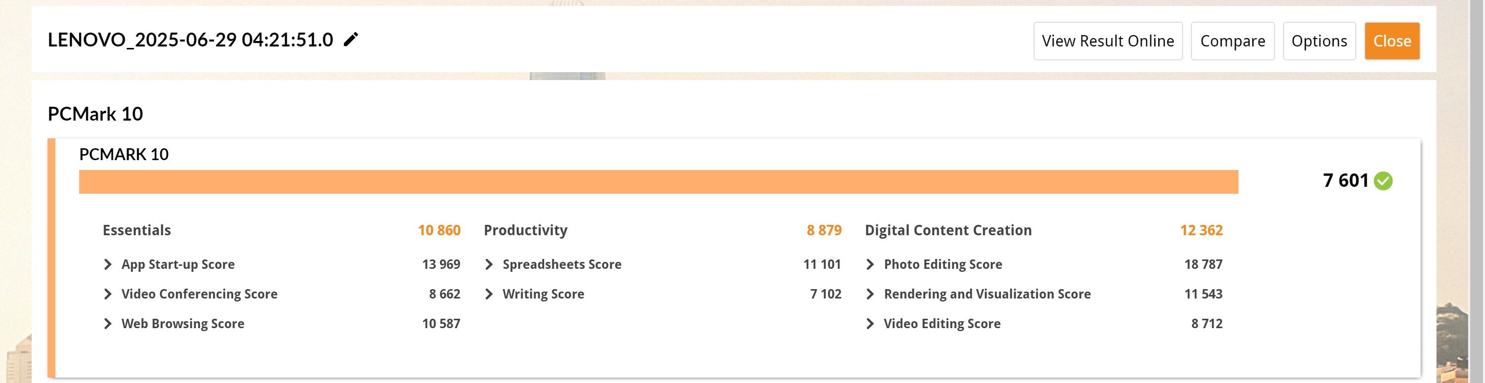 Lenovo Yoga Pro 7i Gen 10 Aura Edition(14型 Intel)　PCMark10計測結果