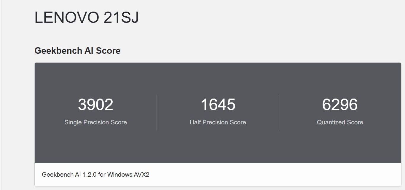 Lenovo ThinkBook 14 Gen 8 Arrow Lake(14型 Intel) Geekbench AIスコア計測結果