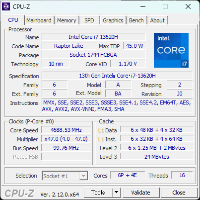Core i7-13620H CPU-Z