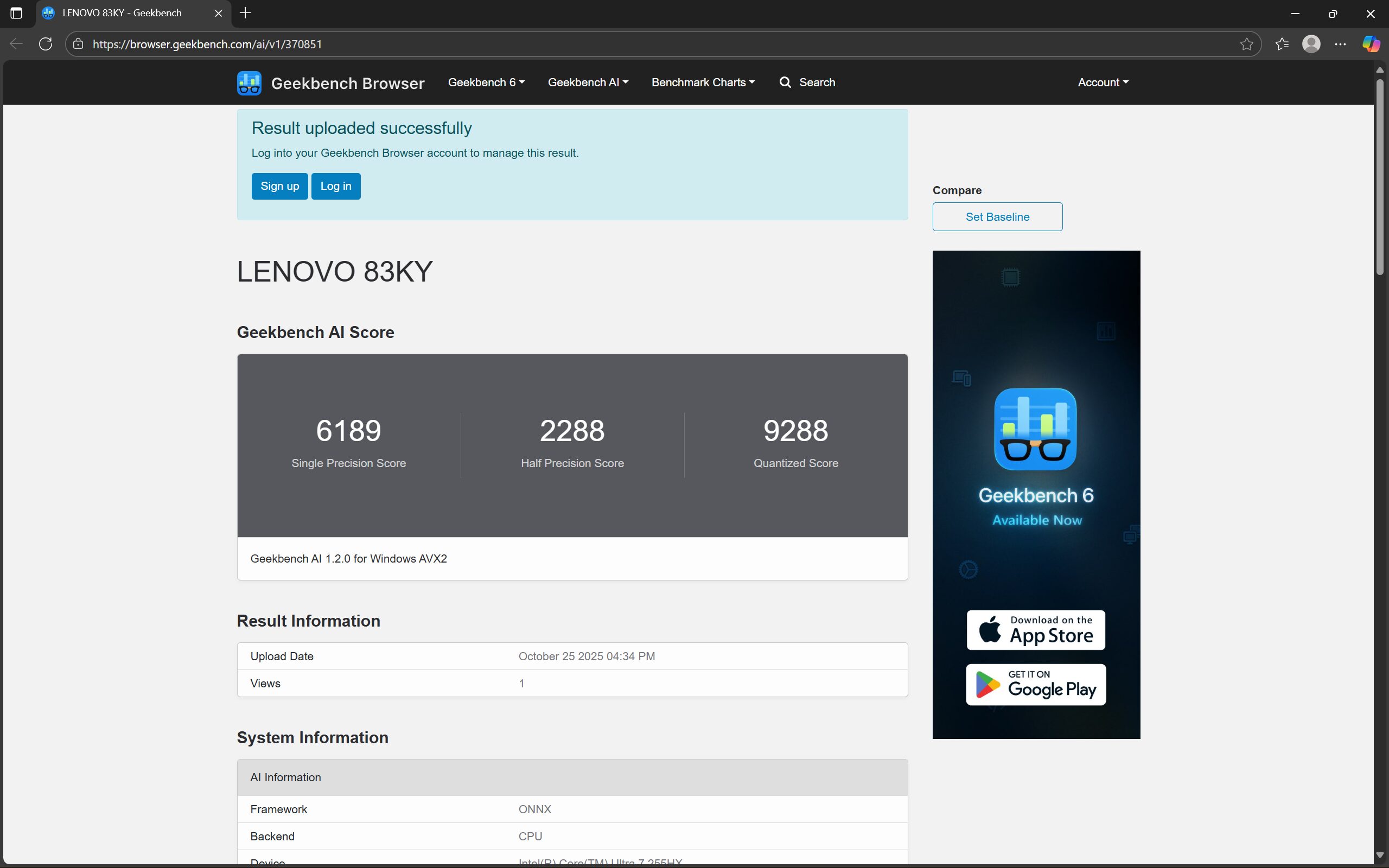 Lenovo Legion 7i Gen 10(16型 Intel)　Geekbench AI計測結果
