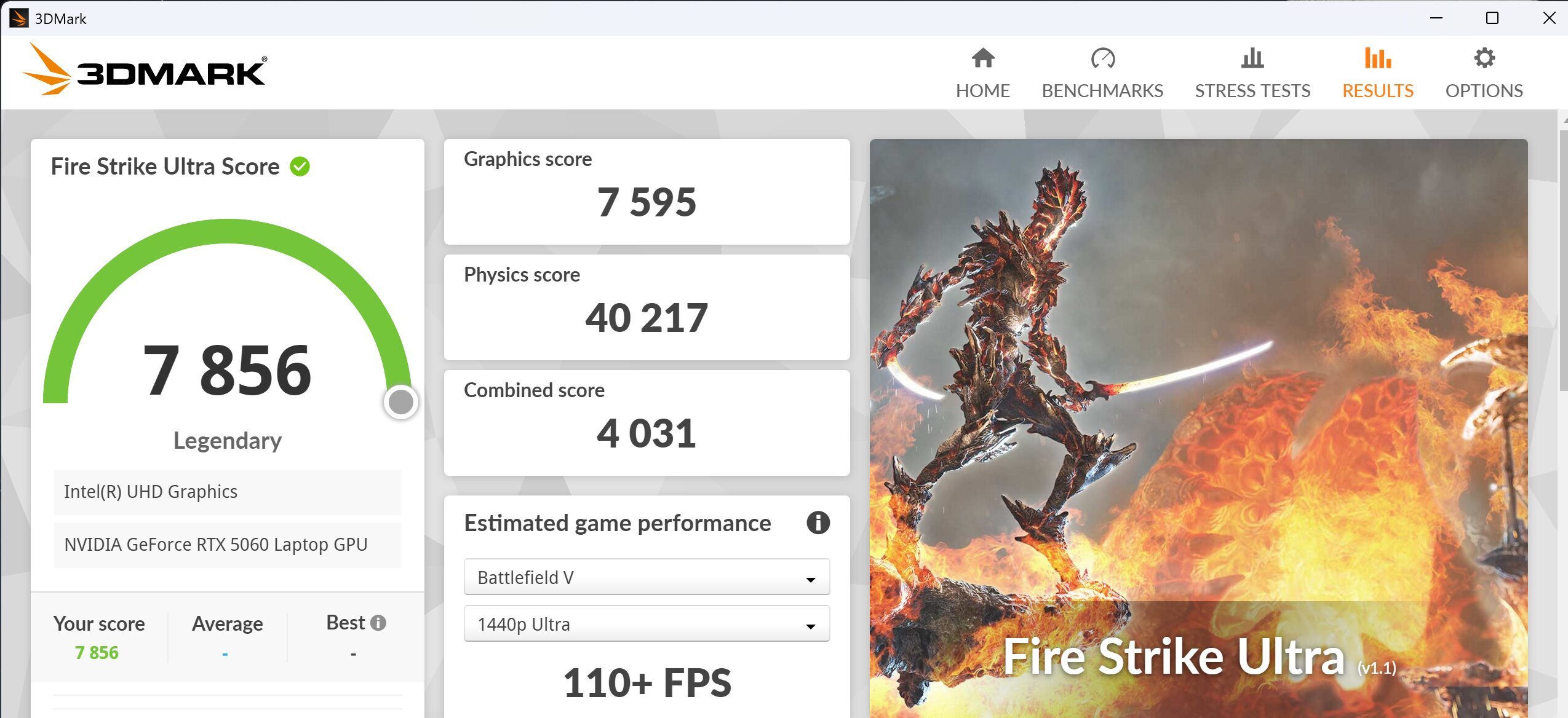 Lenovo Legion 5i Gen 10 Fire StrikeUltra計測結果 パフォーマンスモード