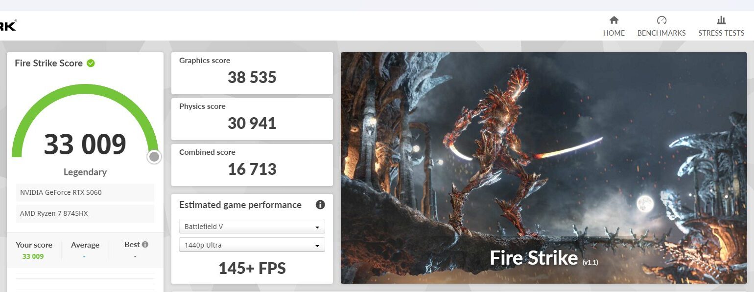 LOQ Tower 26ADR10 (AMD) Fire Strike計測結果　パフォーマンスモード