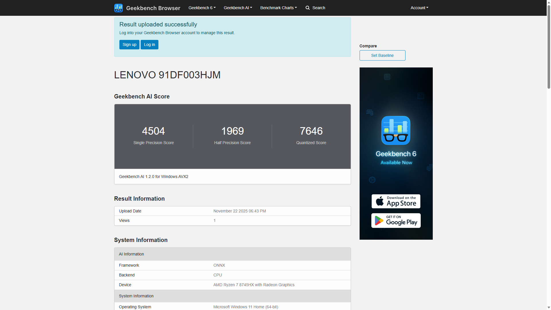 LOQ Tower 26ADR10 (AMD) Geekbench AI計測結果