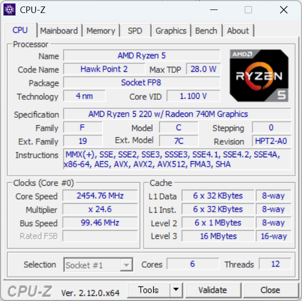 Ryzen 5 220　CPU-Z