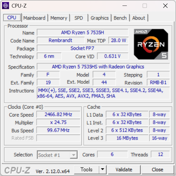 Ryzen 5 7535HS　CPU-Z