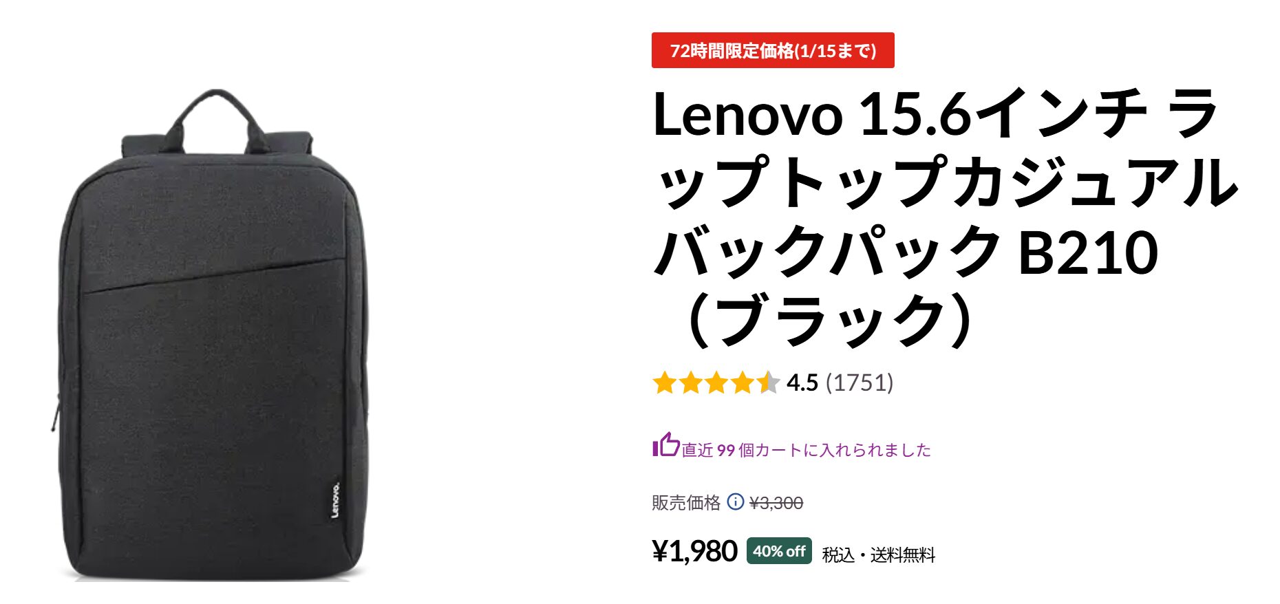 Lenovo 15.6インチ ラップトップカジュアルバックパック B210(ブラック)　72時間セール価格