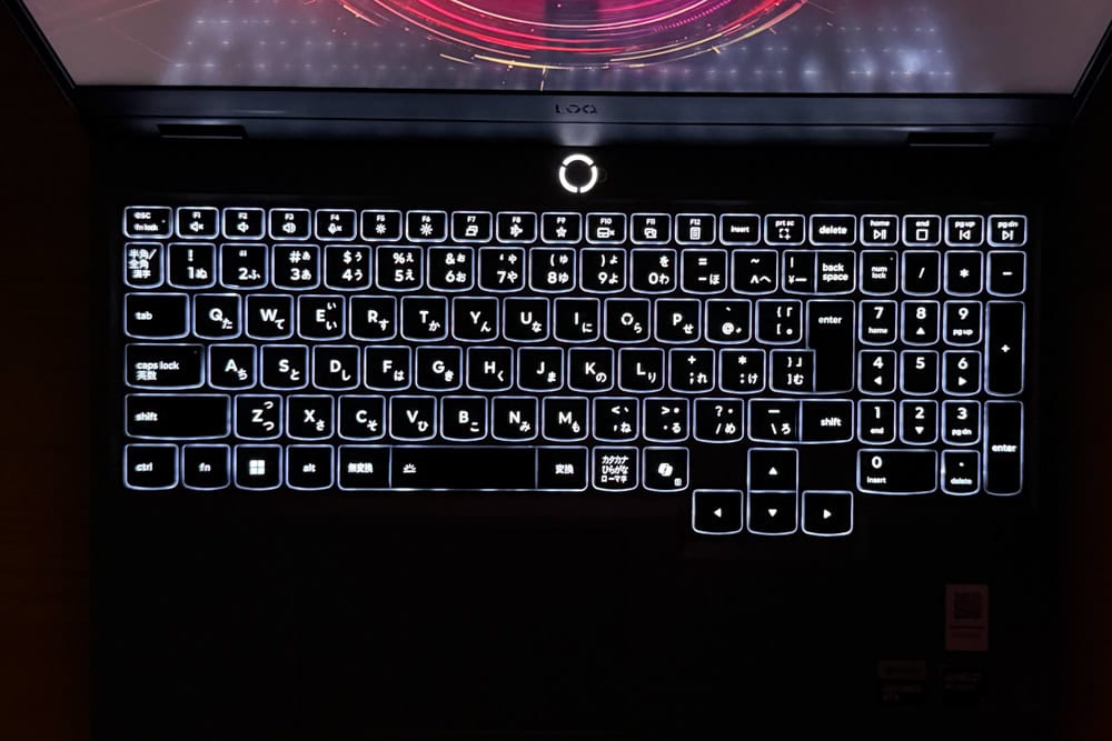 Lenovo LOQ 15AHP10(15.6型 AMD) キーボードバックライトオン
