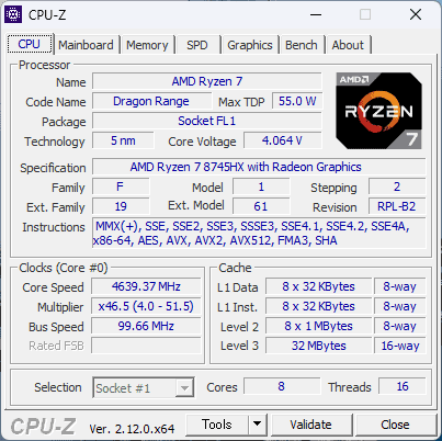 AMD Ryzen 7 8745HX CPU-Z