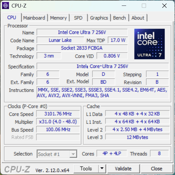 Core Ultra 7 256V CPU-Z