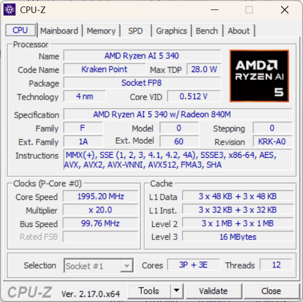Ryzen AI 5 340 CPU-Z