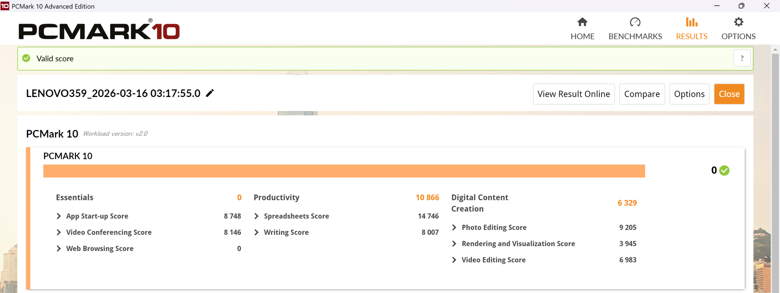 Lenovo Yoga Slim 7i Ultra Gen 11 Aura Edition(14型 Intel)　PCMark10計測結果