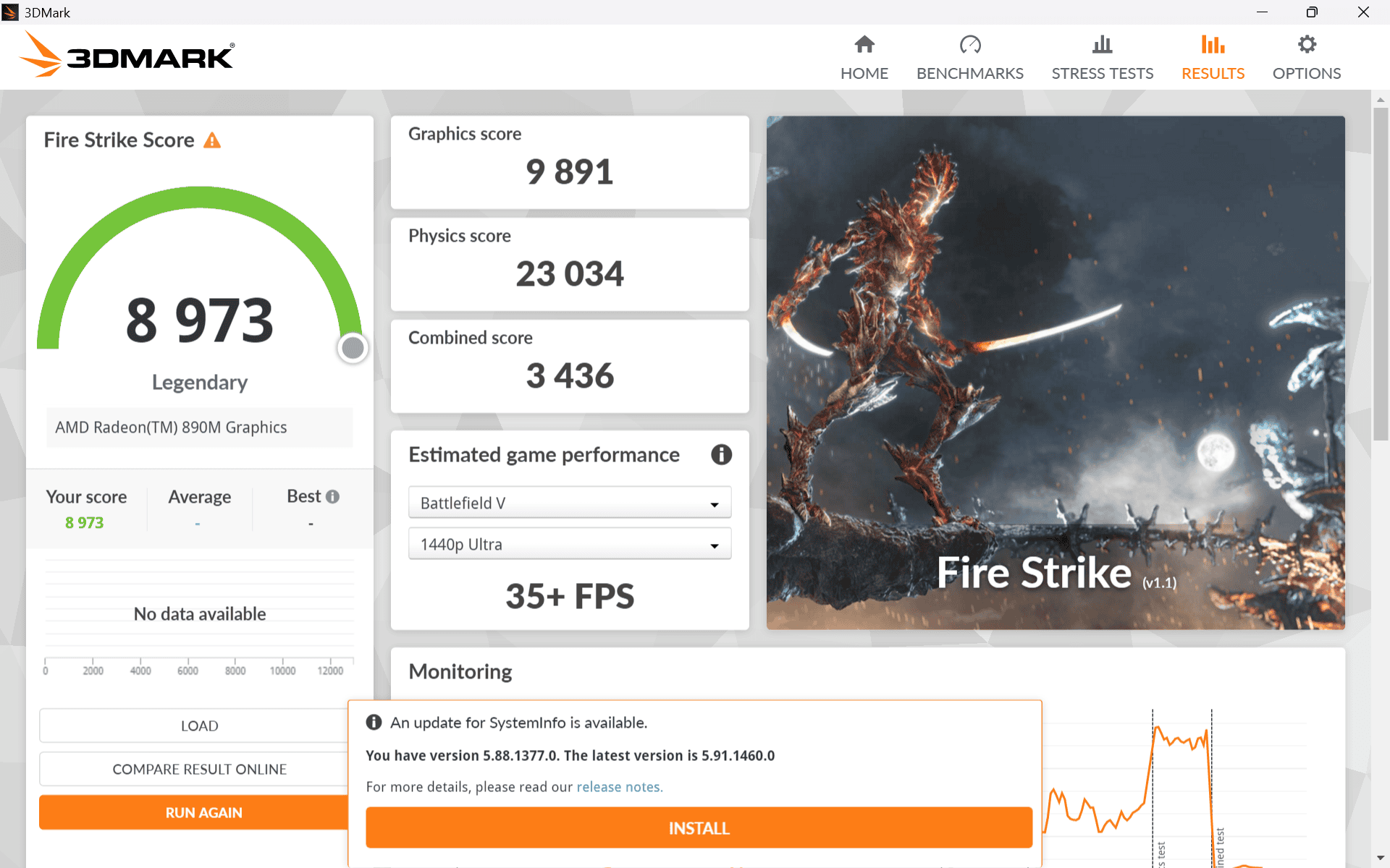 Legion Go Gen 2　Fire Strikeをパフォーマンスモードで計測。スコアは8973