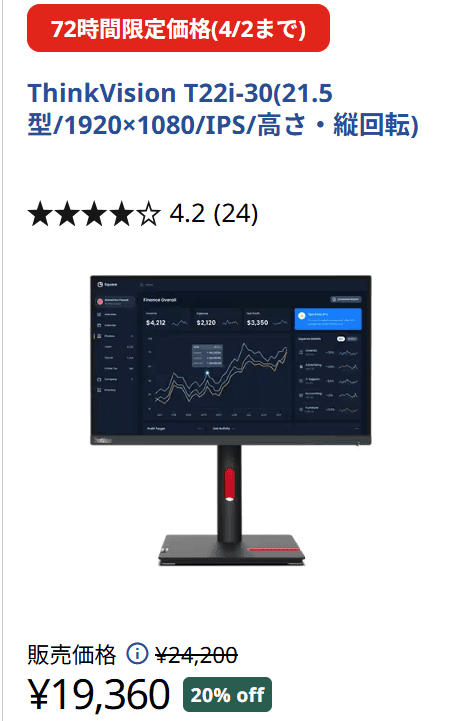 ThinkVision T22i-30　72時間セール価格 19360円