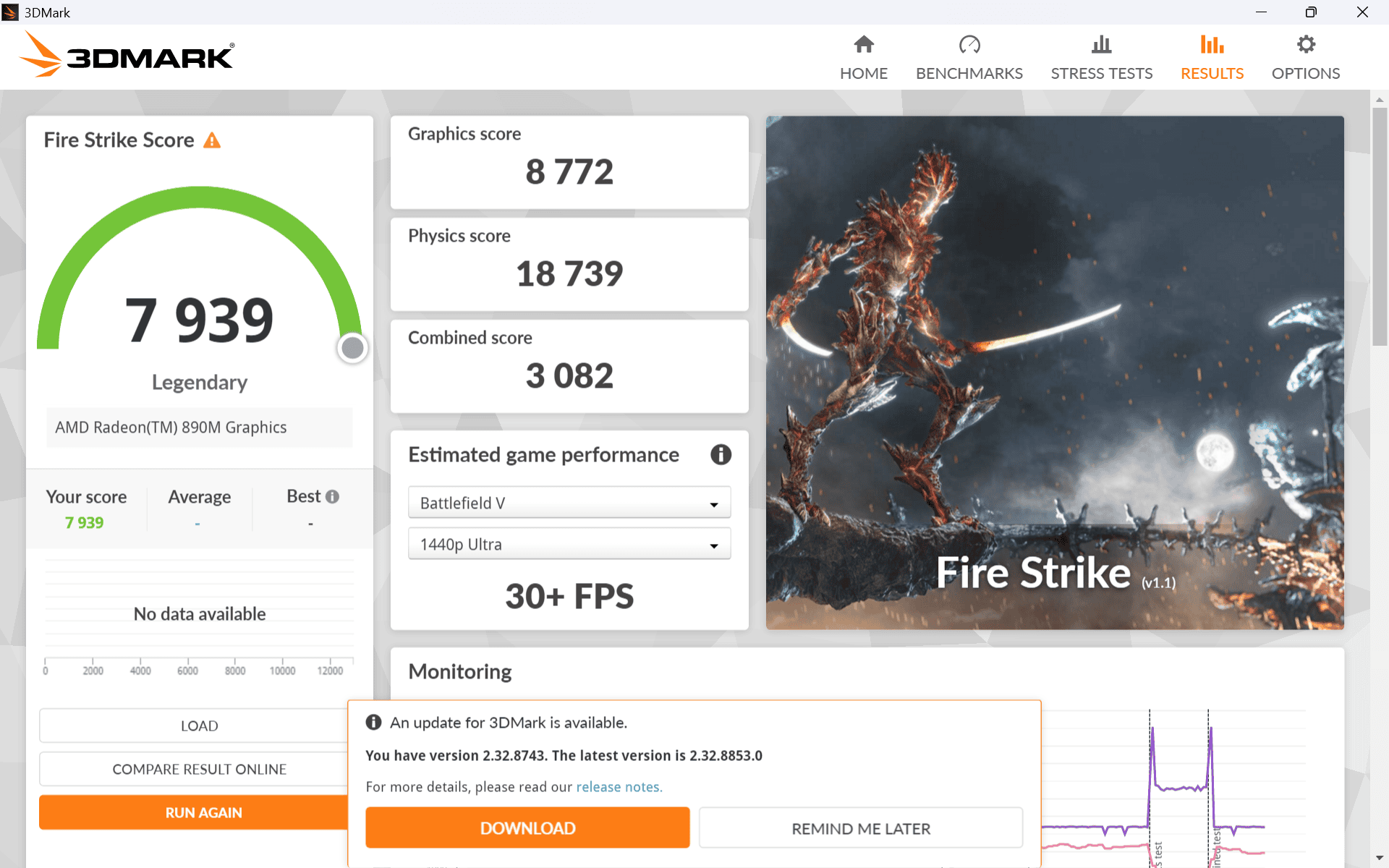 Legion Go Gen 2　Fire Strikeをバランスモードで計測。スコアは7939